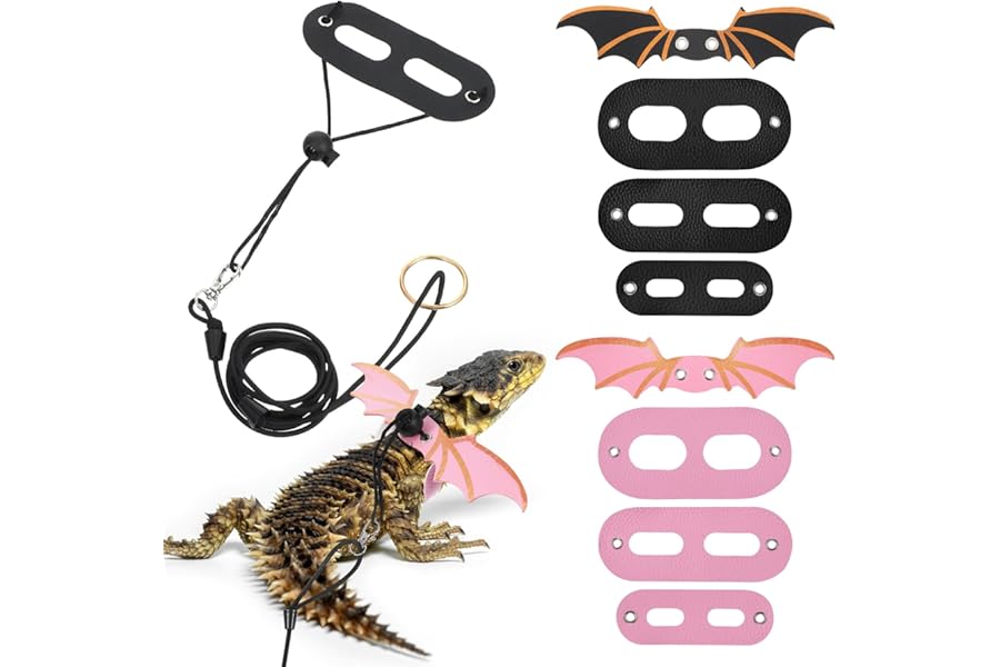 2 Set Bearded Dragon Harnesses, Bearded Dragon Leash and Harness Set,3 Sizes Detachable Adjustable Pet Harness for Reptile Safety Walking Accessories(Black,Pink)