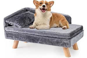 COSTWAY Elevated Dog Sofa Bed, 71 x 43 x 40cm Pet Couch Lounger with Removable Cushion & Pillow, Sturdy Wood Legs, for Small Dogs Cats (Grey)