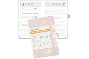 POPRUN Agenda 2024 2025 Dia Por Pagina Pequeña, Diaria 12 Meses 16 x 10,5 cm con Tapa Dura, Banda Elástica, Papel Certificado FSC® 80 GSM, Rosa Claro