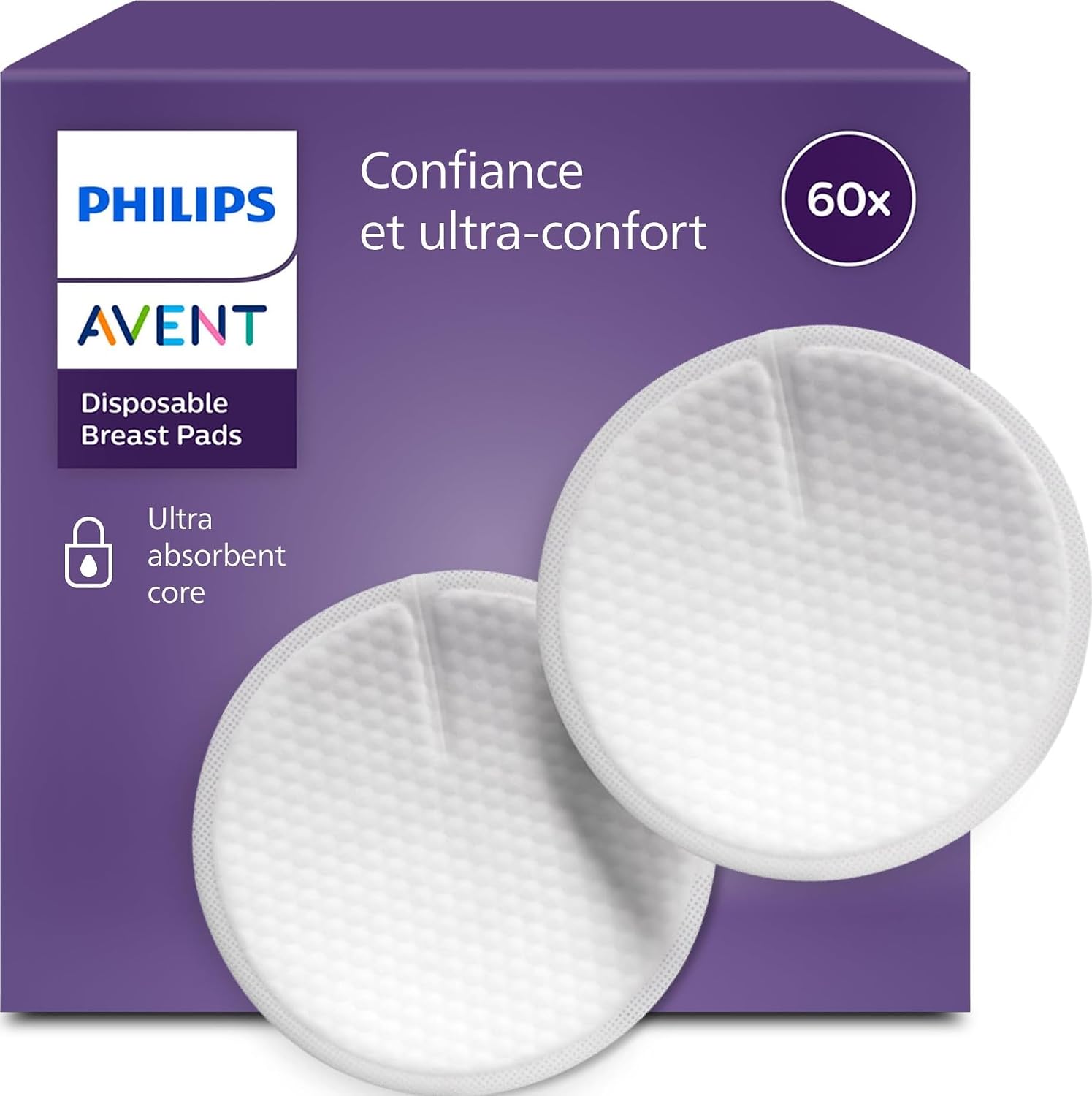 Philips Avent Coussinets d’allaitement jetables – absorption triple épaisseur, anti-fuites, texture alvéolée toucher douceur, ultra-fins et discrets, emballage individuel, 60 pièces, SCF254/61