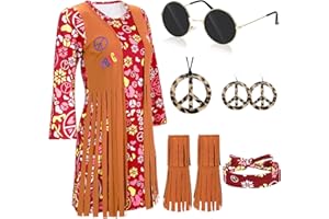 70er 60er Jahre Frauen Hippie Kostüm Damen Set Retro Frauen Hippie Disco Kleid mit Ohrring Halskette Stirnband Sonnenbrille Quastenkleid für Halloween Karneval