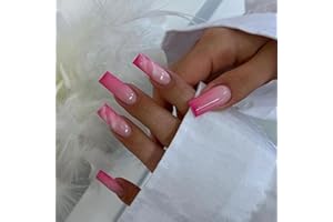 ANGWIS 24pcs Long Coffin False Nails French Tip Hot Pink Press on Nails Ballerina Stick on Nail Marble Style Removable Glue-on Acrylic Full Cover Fake Nail Art Accessories for Women Girls