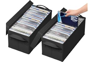 Aolawco Pack of 2 DVD Storage Box, 40*20*15 CM DVD Case Storage With lid, Container Holds 50 DVDs in Full Jewel Cases, 85 DVDs in Slim Cases, and 220 Discs in CD Sleeves, Organizer for CD & DVD- Black