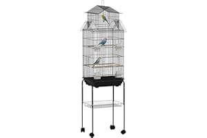 PawHut Cage à Oiseaux sur Pied, volière sur roulettes avec balançoire, poignée Portable, 4 mangeoires, Support, Design Maison, Cage pour pinsons, canaris et perruches 50,5 x 41 x 163 cm en Acier Noir