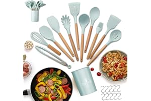 Onezebra Utensilios de Cocina, 22 piezas, Silicona, Resistentes al Calor, Sin BPA, Mango de Madera, Ganchos en Forma de 'S', Aptos para el Lavavajillas, Verde