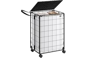 ‎SONGMICS SONGMICS Kosz na pranie, 90 l, składany kosz na pranie z rolkami, kosz na koszulki, wózek na pranie z pokrywą, wyjmowany worek na pranie, 46 x 33 x 65 cm, atramentowo-czarno-biały LCB290B12