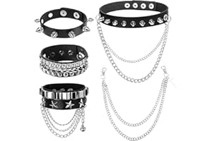 hommova 5 Pcs Emo Accessories Set, Goth Choker Necklaces Studded Bracelet Punk Cross Jeans Chain for Men Women Fancy Dress