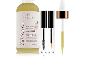PROLIXIR Organic Castor Oil 60mls with Biotin & Vitamin E - Growth Serum for Eyebrows, Eyelashes, Hair, Nails & Skin - Cold Pressed, 100% Pure, Vegan, Cruelty Free - Mascara kit with Pipette and Wands