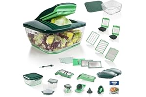 ‎GENIUS Genius Nicer Dicer Chef 34-in-1 Multifunktions-Profi-Gemüseschneider mit Glasschale und Tomatenschneider | Teigwaren, Scheiben, Streifen, Spiralen, Julienne