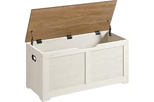VASAGLE Puff Almacenaje, Banco Almacenaje con 2 Bisagras de Seguridad, Banco Zapatero, Estilo de Campo, 40 x 100 x 46 cm, para Pasillo Dormitorio Salón, Blanco Rústico y Marrón Miel LSB061WJ01