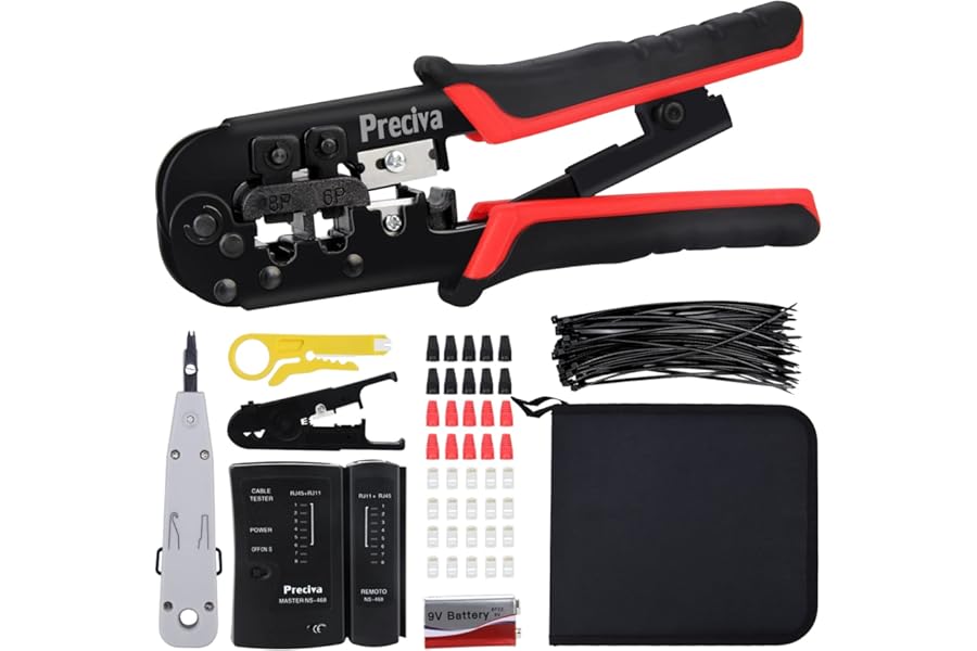 RJ45 Crimp Tool Kit, Preciva 97-in-1 Ethernet Crimping Network Toolkit for 8P/6P RJ11, RJ12, RJ45, CAT5, CAT5E, Computer Maintenance LAN Cable Tester Repair Set, Cable Tester, Wire Stripper