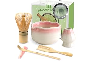 JBER Matcha-set, 7 st – Bambu visp, skål med pip, visphållare, sikt, sked och hållare – japanska tillbehör för matcha-älskare