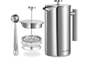 VonShef 12 Cup Cafetiere, 1.5L Double Walled Stainless Steel French Press with 2-in-1 Measuring Spoon Bag Sealing Clip, Durable Filter Coffee Maker