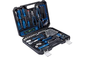 Scheppach Werkzeugkoffer WZK120 | 97-teiliges Werkzeugset in stabilem Kunststoffkoffer | Werkzeuge mit gummiertem Griff | Biteinsätze, Schraubendreher, Sechskant-Steckschlüsseleinsätze uvm.