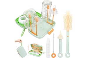 LINGXIACE Baby Bottle Brush Set，Baby Travel Essentials，with Drying Rack，Silicone Bottle Brush, Nipple Brush, Straw Brush, Soap Dispenser and Storage Case，Mam Bottle Brush (Green)