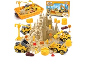 FRUSE Sabbia per Bambini,Kit di Sabbia con Sabbia Magica,4 Camion da Costruzione,4 Stampi per Castelli,Scatola di Sabbia con Coperchio,Sabbiera Giocattolo per Ragazzi e Ragazze Oltre i 3 Anni