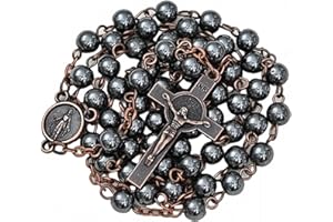 Kuesn 6mm Black Hematite Stone Beads with Antique Copper Plated St.Benedict Center Piece Medal and Crucifix Cross Catholic Rosary Necklace for Men and Women (Black Gold)