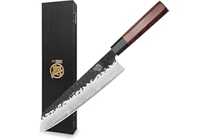 MITSUMOTO SAKARI Cuchillos Cocina Japoneses Kiritsuke, Cuchillo Cocina de Acero de Alto Carbono, 23 cm Cuchillos Cocina Profesional Forjado a Mano (Mango de Palo de Rosa y Caja de Regalo)