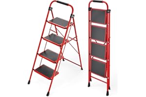 ‎KINGRACK KINGRACK Składana drabina schodkowa, 4-stopniowy stołek, wytrzymały, stal bezpieczeństwa, wysokie drabiny z poręczami i szerokimi pedałami, dla dorosłych, do domu, kuchni, biura, czerwona