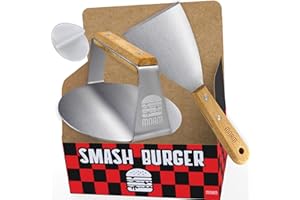 mnam Smash Burguer Kit - Set de Aplastador de Hamburguesas y Espátula con Mango de Madera en Acero Inoxidable - Prensa Hamburguesa para Carne - Grill Plancha Kit Barbacoa - Smasher Profesional