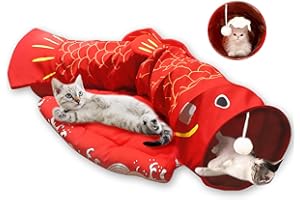 kathson Koi Cat Tunnel Bed for Indoor Cats 2-in-1 Cat Play Tunnel Bed Collapsible Cat Tunnel Toy Washable Cat Tubes and Tunnels with Hanging Balls for Kitty Bunny Rabbit Puppy Ferret (Red)