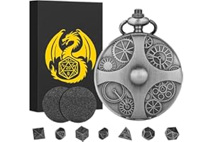 KELLER & WEBER Mini Set di Dadi DND, con Orologio da Tasca Steampunk Ingranaggio, Set di Dadi D&D in Metallo Poliedrico da 7 pezzi, Regali di DND con Scatola, Accessori per Giochi da Tavolo e Dadi, Argento Scuro