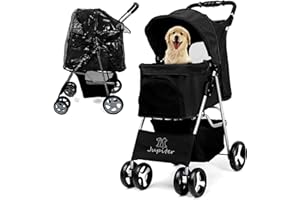 JupiterJX Dog Stroller with Rain Cover, Pet Pram for Small Medium Dogs, Dog Buggy with Storage Basket Cup Holder, Cats Dogs Pushchair, Foldable Pet Pram for Cats Puppies Pets (Black with Rain Cover)