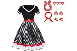 maxToonrain Women's 50s Fancy Dress Polka Dots 1950s Vintage Costumes with Accessories Scarf Headbands Earrings Glasses(7 PCS)