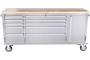 Ondis24 Servante d'atelier en acier inoxydable avec 10 tiroirs à roulement facile et plan de travail XL en bois massif, roulettes pivotantes, non équipée, argent, 198 x 49 x 95 cm