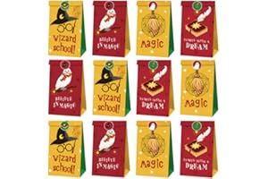 MIZT Sacs cadeaux, 12 pièces Sacs de Bonbons en Papier Kraft avec 18 Autocollant Cadeaux Sacs de fête anniversaire Garcon et Filles pour de Noël Anniversaire Enfant Fête,Le thème de la fête