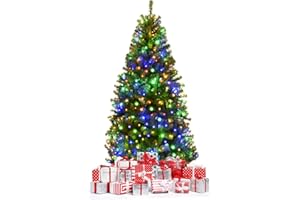 Costway Sapin de Noël, Arbre de Noël Artificiel avec Lumières LED Multicolore à 11 Modes et Pied en Métal, Décoration de Noël en Matériau PVC pour Maison, Magasin, 120-210 CM, Vert (150CM)