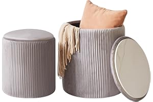 IBUYKE set di 2 ottoni rotondi con stoccaggio, sgabello vanità in velluto per trucco, tavolino moderno imbottito sedile, sgabello multiuso poggiapiedi per soggiorno e camera da letto, grigio WBD005G