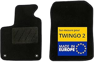 DBS – Tapis de Voiture - sur Mesure pour Renault TWINGO 2 (07/2007-08/2014) – Antidérapants avec Clips de Fixation – 4 Tapis Auto Avant/arrière – Moquette Noire