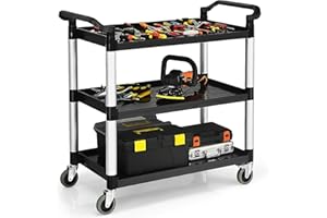 TANGZON 3 Tier Service Cart, Rolling Tool Trolley with Locking Wheels & 2 Handles, Utility Trolley Cart for Workshop Garage, 150KG Load Capacity (103 x 49 x 98cm, Aluminum+PP, Black+Silver)