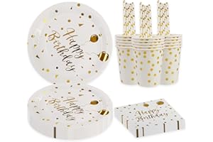 BOKFJBP 80Stück Geburtstag Party Geschirr Set, Weißgold Party Dekorationen liefert Geschirr Teller Servietten Papier Tassen Strohhalme für Kindergeburtstag Deko Junge Mädchen dient16 (Weißgold)