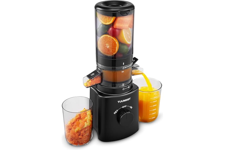 TUUMIIST Cold Press Juicer, 120MM Auto Feed Chute Juicer machines, Pre-cut Juicers for Whole Fruit and Vegetable, Slow Masticating Juicer with High Yield, 800ML Hopper with 2 Cups,Dark Black