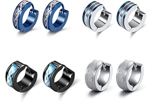 ZYSTA 4 Pairs Men Jewelry Set Huggie Hinged Hoop Dangle Earrings, Stainless Steel, Hypoallergenic, Urban Hoop Earrings