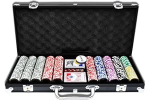 AufuN Pokerkoffer 500 Chips Laser Pokerchips 12 Gramm Metallkern, inkl. 2X Pokerdecks, 5X Würfel, Dealer Button, Big Blind, Little Blind, Poker-Set mit Schwarz Aluminium Gehäuse mit 2 Schlüssel
