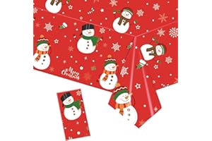 POPOYU Christmas Table Cloth Party Disposable Tablecloths,Red and Snowman Table Covers,137x274cm Rectangle Large Plastic Tablecloth Party for Picnic,Baby Shower,Xmas Party,Christmas Table Decorations