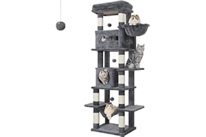 Hzuaneri Cat Tree for Indoor Cats, 170 cm Large Tall Cat Tower, Multi-Level Cats House with Condo, 8 Scratching Posts, Hammock, 4 Pom Poms, Dark Grey MS17018SG
