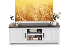 KOMFOTTEU Mobile TV basso per TV fino a 65 pollici, supporto per TV con 2 armadi e 2 ripiani aperti, mobile TV per soggiorno, sala da pranzo, camera da letto (bianco + marrone)