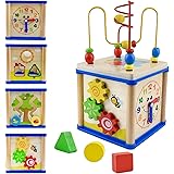 Surplex 5 in 1 Cubo di attività e Apprendimento in Legno per 1-2 Anni con perline per labirinto Roller&orologio dentellare ru