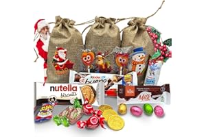 IAMI Pack Chocolates y Chuches Navidad - 8 x Bolsas de Lino con Kinder Bueno, Kinder Navidad Happy Hippo y + 15 Chocolates y Chuches de Navidad para Niños - Perfecto para Regalar en estos Reyes Magos