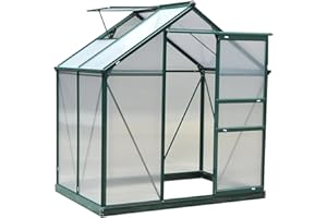 Outsunny 6 x 4ft Polycarbonate Greenhouse, Large Walk-In Green House with Slide Door and Window, Garden Plants Grow House with Aluminium Frame and Foundation, Dark Green