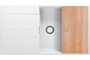 Evier Cuisine en Granit Blanc 90x50cm, Lavabo 1 bac + Kit de Vidage + Planche à Découper, Évier à Encastrer au meuble 60cm - Copenhague Top de Primagran