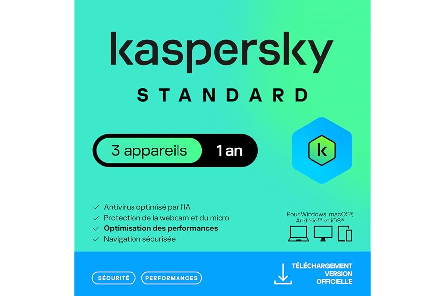 Kaspersky Standard Anti-Virus 2025 |3 appareils | 1 an | Sécurité Avancée | Protection bancaire | Optimisation des performanc