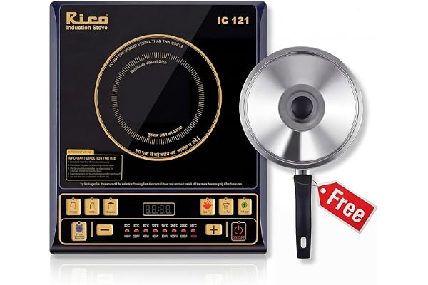 Rico BIS-ISI Certified induction stove with Free Vessel & Lid 3 Yr Replacement Warranty on Coil Milk Boil Mode with Timer Fast Heating Power Saving 4KVA High Voltage Protection.