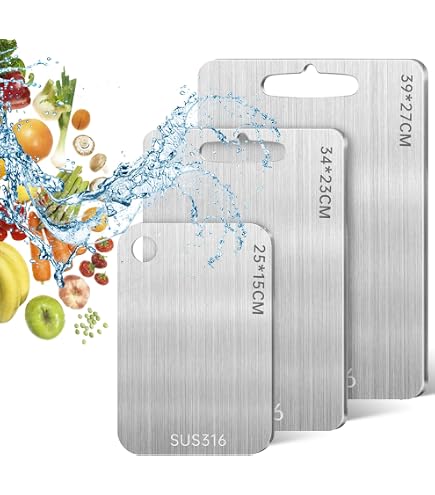 3 Pezzi Tagliere Acciaio Inox, Doppio Lato per Alimenti, Cucina Tagliere inTitanio per Carne, Frutta, Verdura,Resistente e Igienico (20 * 29cm+34 * 23cm+39 * 28cm