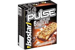 ISOSTAD Isostar Barritas Pulse, Barritas de avellana con chocolate energéticas con hidratos de carbono de utilización rápida y progresiva, guaraná y alto contenido en vitaminas, 6x23g