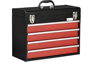 DURHAND Caja de Herramientas de Acero con 4 Cajones Tapa Abatible Bandeja Superior Cierres Metálicos y Asa Maletín de Herramientas Portátil para Taller Bricolaje Hogar 51x22x39,5 cm Negro y Rojo